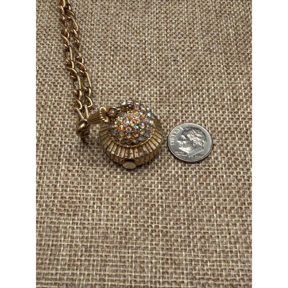 Vintage Geneva Rhinestone Ball Pendant Watch Necklace Gold Tone AB Crystal Dome - Picture 7 of 12